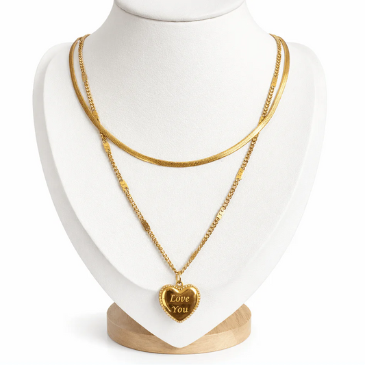 Collar Doble Dorado con Colgante Corazón "Love You"